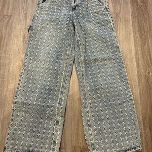 Forever 21 Light Blue Wide Leg Jeans with Subtle Embroidered Pattern